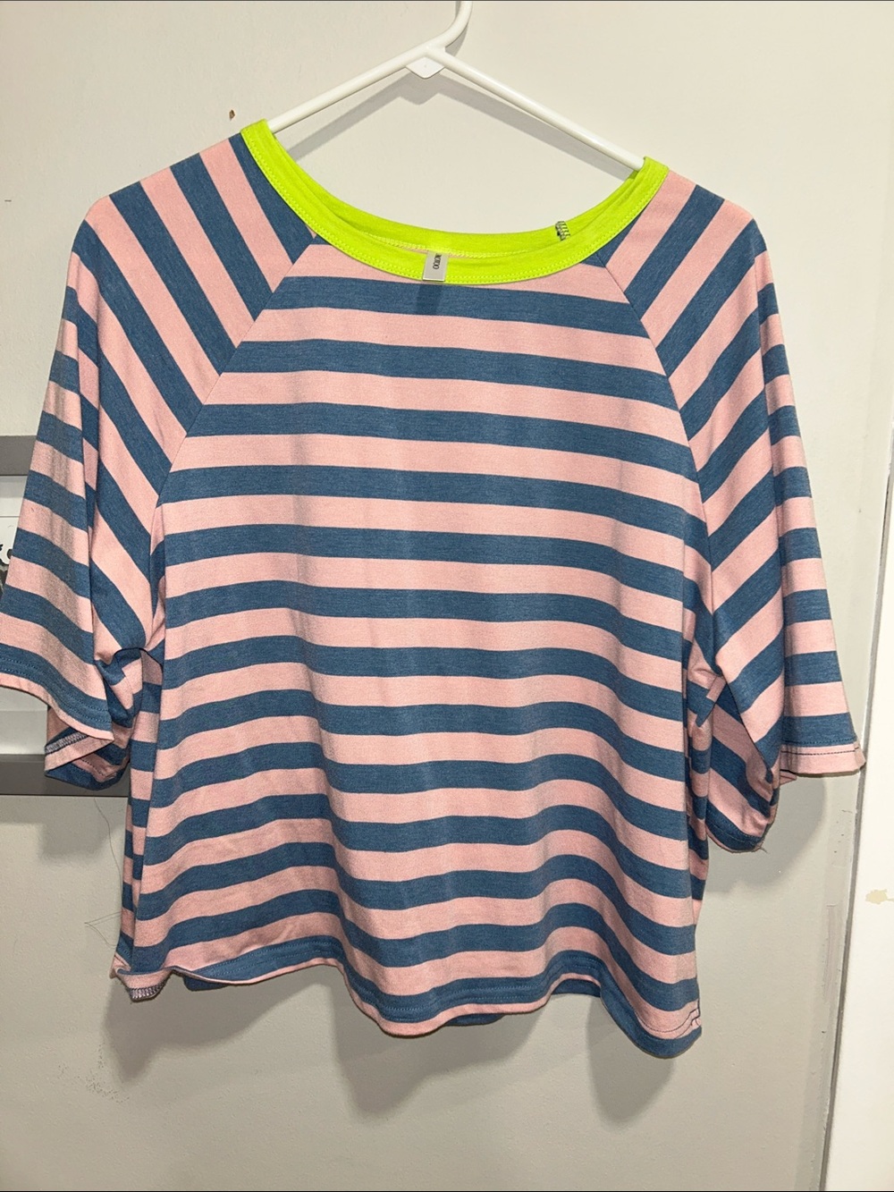 Striped Pink & Blue Short-Sleeve Top with Neon Trim